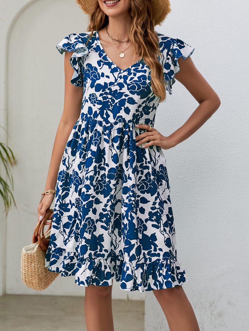 Leaf Print V-Neck Ruffle Summer Dress - Image 4
