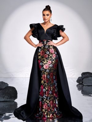 Sequined V-Neck Fishtail Sheath Evening Dress