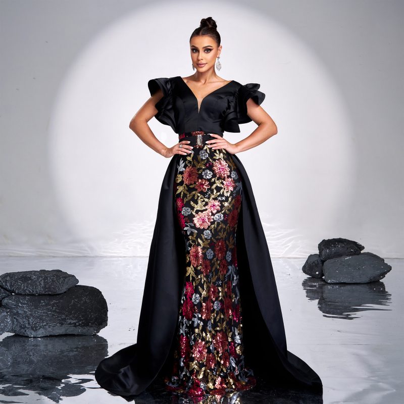 Sequined V-Neck Fishtail Sheath Evening Dress