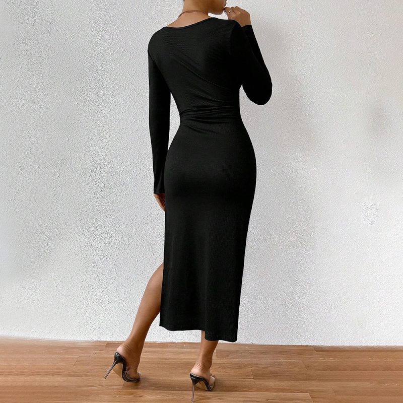 Autumn Winter Square Neck Slit Midi Dress - Image 2
