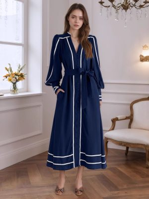 Retro Women’s V-Neck White Striped Tie Dress