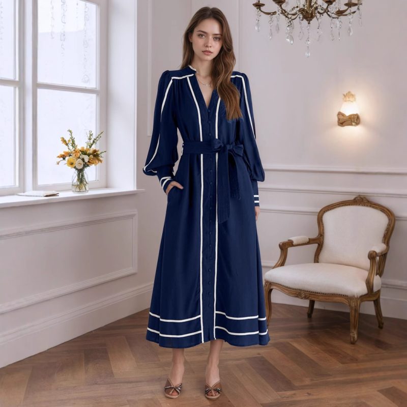 Retro Women’s V-Neck White Striped Tie Dress