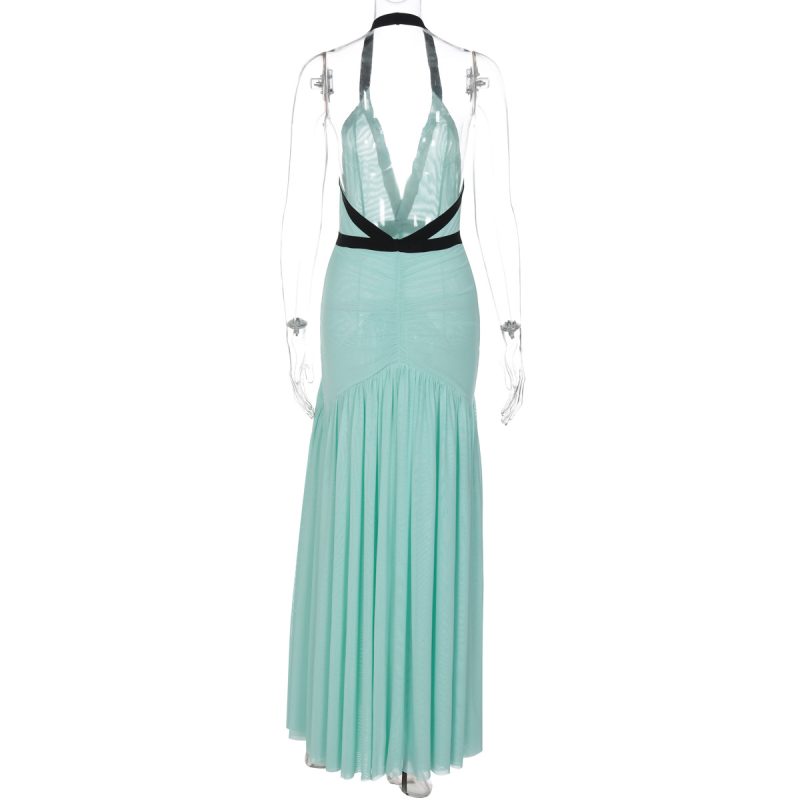 Elegant Deep V Halter Mesh Cutout Evening Dress - Image 4