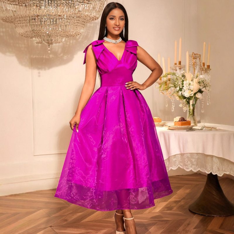 Elegant V-Neck Bow Slim Party Dress