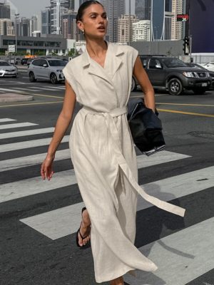 Women’s Cotton Linen Belted Office Dress