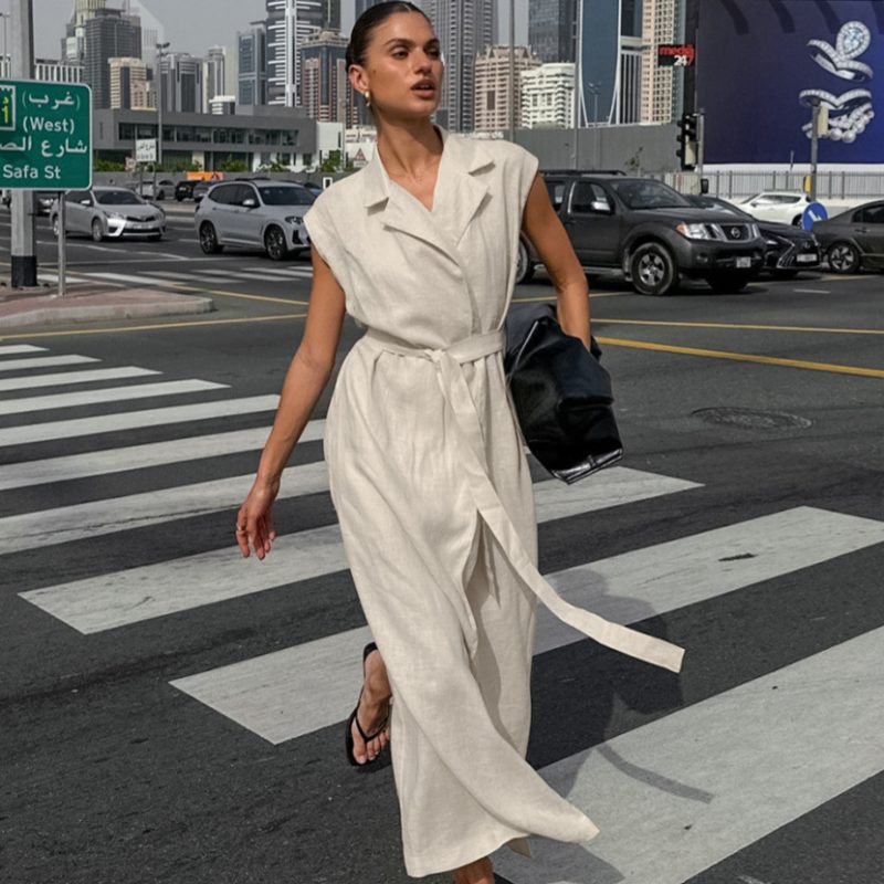 Women’s Cotton Linen Belted Office Dress