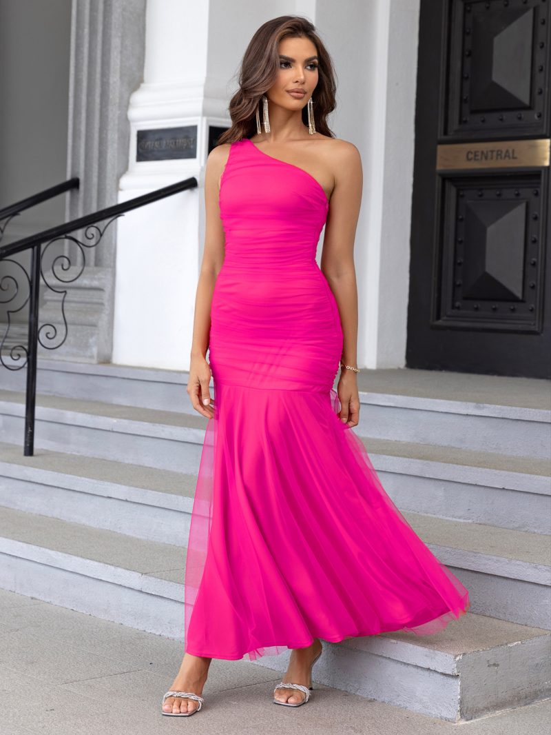 Off Shoulder Pleated Mesh Overlay Party Dress - Image 2