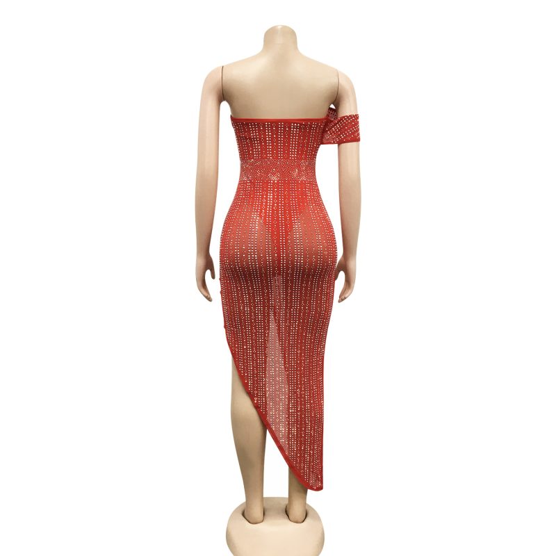 Women’s Rhinestone Mesh Asymmetric Evening Party Dress - Image 4