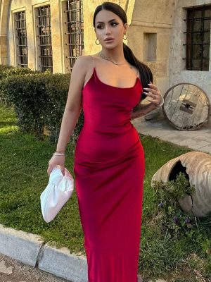 Spring Summer Backless Spaghetti Strap Solid Dress