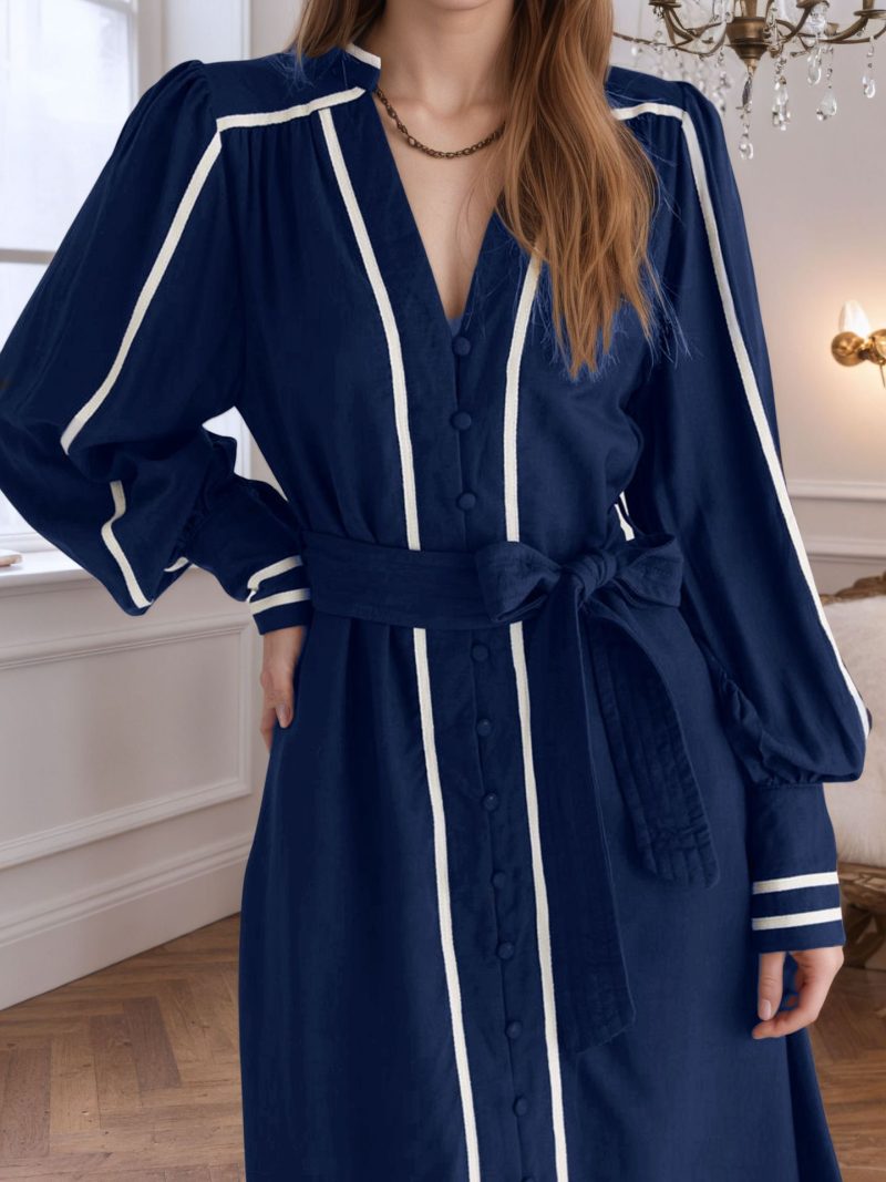 Retro Women’s V-Neck White Striped Tie Dress - Image 3