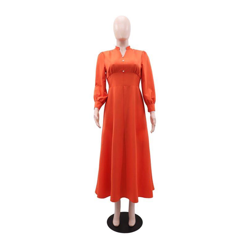 Solid Color V-Neck Button A-Line Dress - Image 3