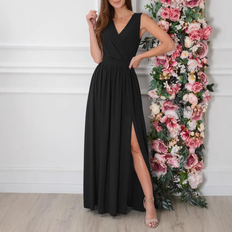 Women’s Summer Solid V-Neck Slit Dress - Image 2