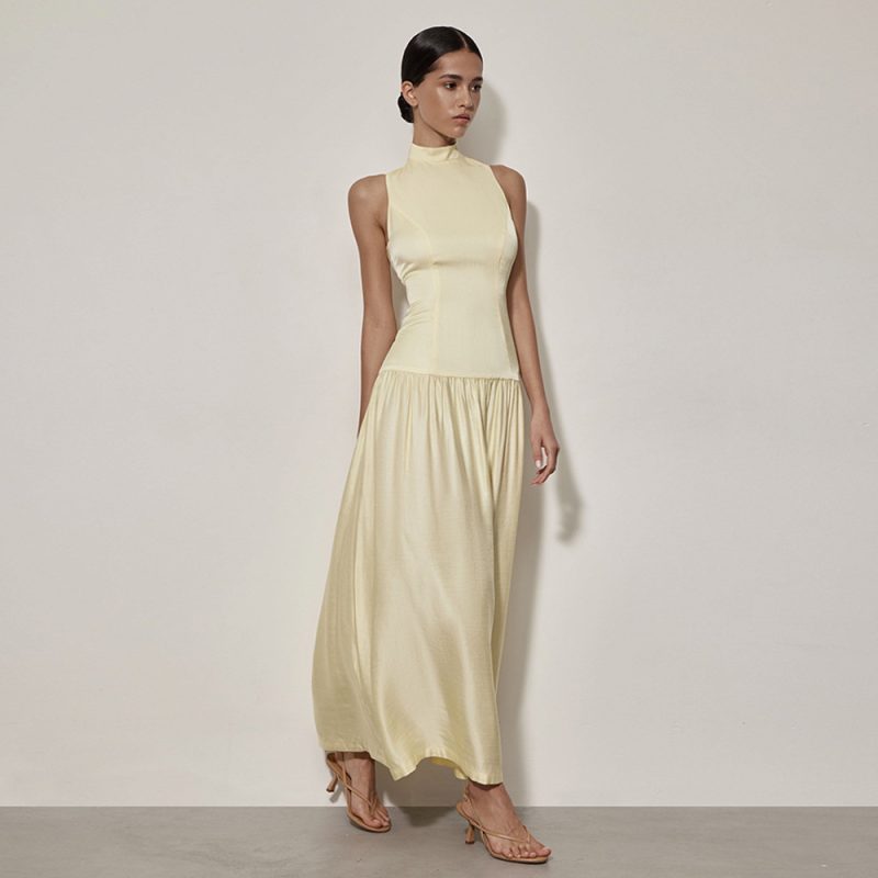 Backless Satin Sleeveless Slim Round Neck Dress
