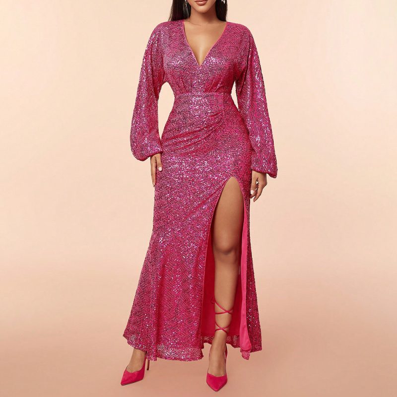 Spring Women Elegant Sequined Deep V Maxi Dress