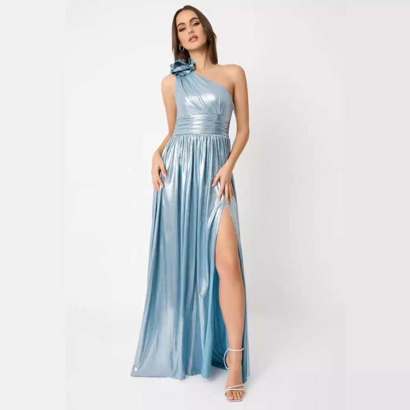 Women’s Shiny Sling Backless High Slit Dress