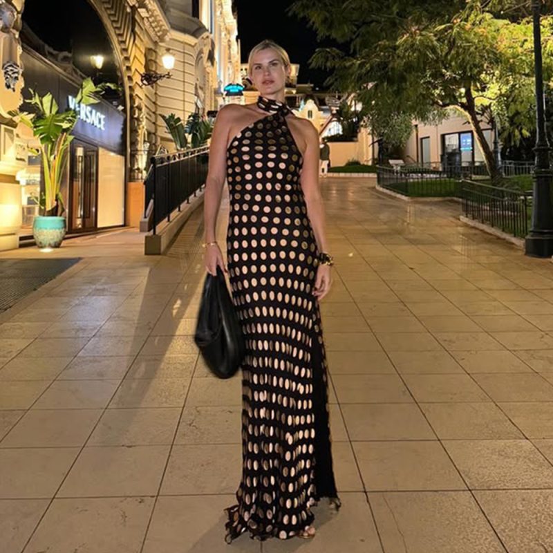 Elegant Halter Backless Polka Dot Chiffon Dress - Image 3