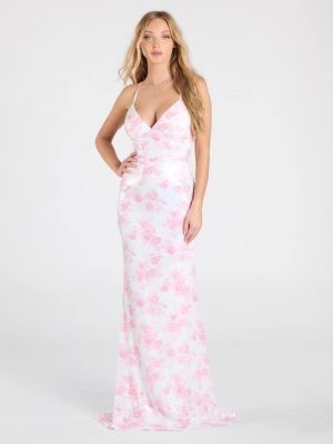 Floral Pink Sequin Evening Party Dress Women