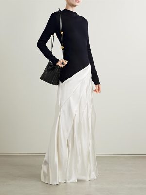 Office Color Block Patchwork Pleated Slim Long Dress