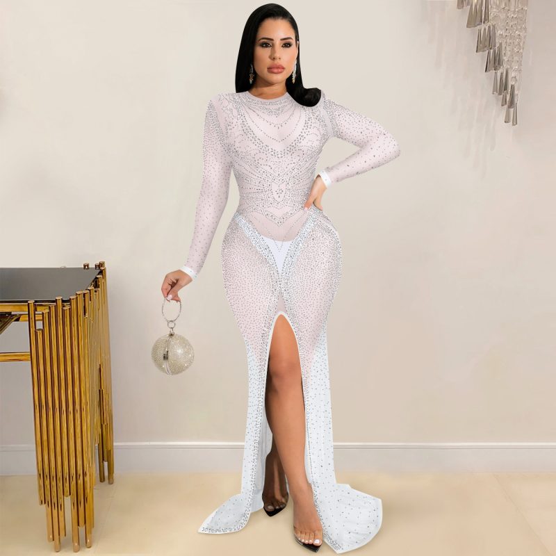 Women’s Rhinestone Mesh Long Sleeve Split Maxi Dress