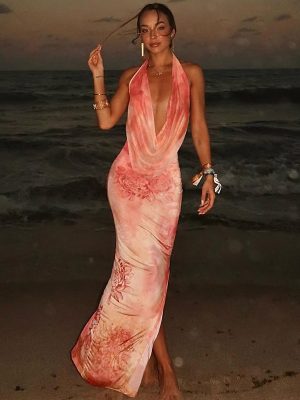 Summer Printed Backless Slit Lace Up Dress