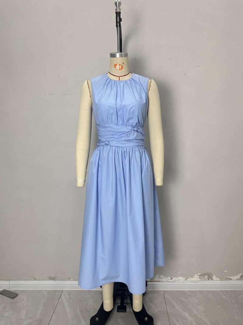 Elegant Blue Round Neck Pleated Swing Dress - Image 3