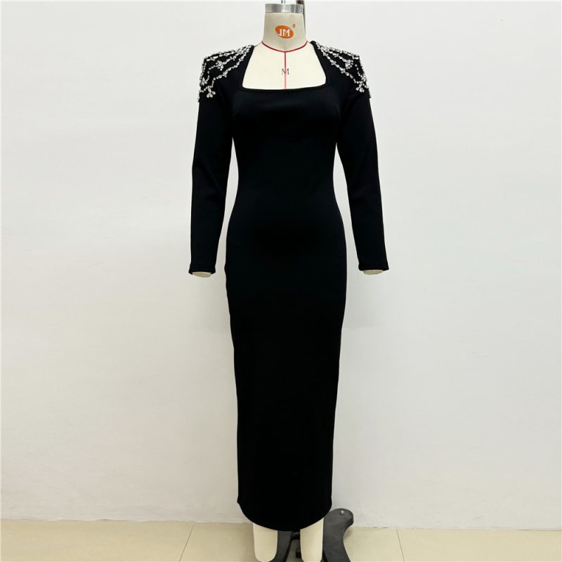 Elegant Square Neck Diamond Long Sleeve Bandage Dress - Image 3