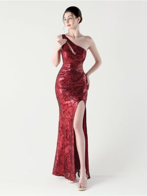 Women’s One-Shoulder Sequin Gauze Evening Dress