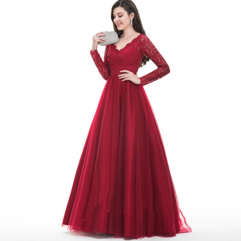 Mesh Lace Long Sleeve Bridal Evening Maxi Dress - Image 3