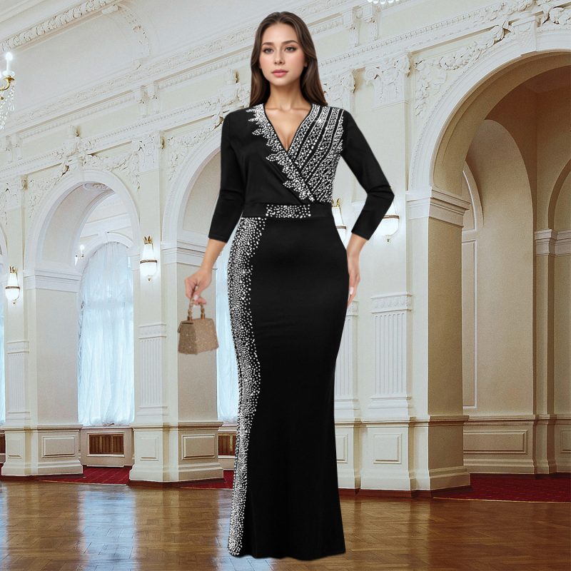 Elegant Rhinestone Half Sleeve V-Neck Dress Women