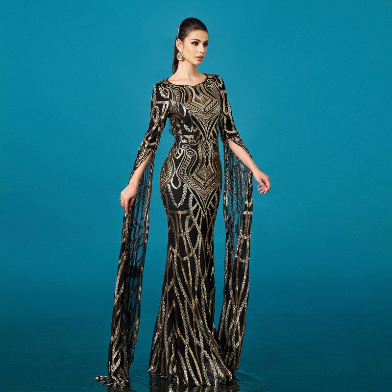 Women’s Long Sleeve Sequin Round Neck Fishtail Dress - Image 2