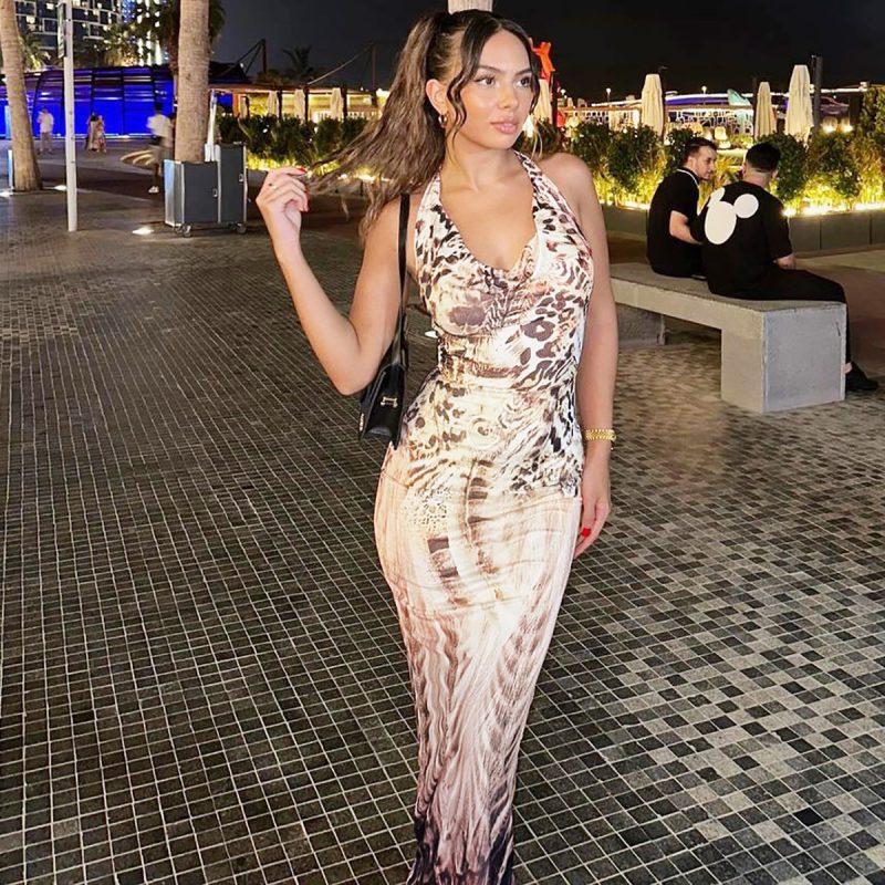 Autumn Printed Backless Lace-Up Slim Fit Dress