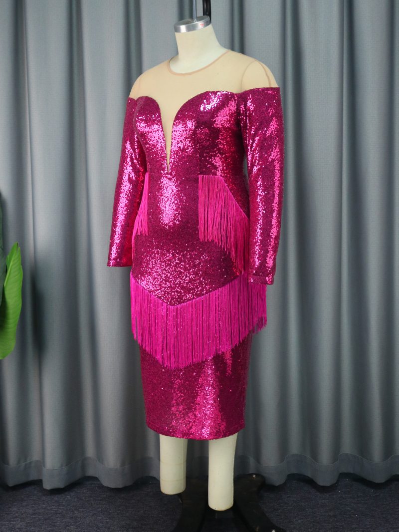 Women’s V Neck Sequin Tassel Patchwork Party Dress - Image 2