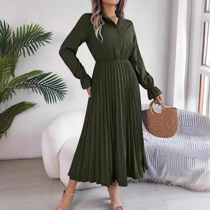 Autumn Winter Collared Buttoned Pleated Maxi Dress - Image 2