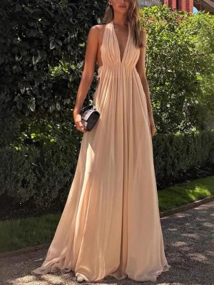 Pleated Halter Backless Deep V Evening Dress