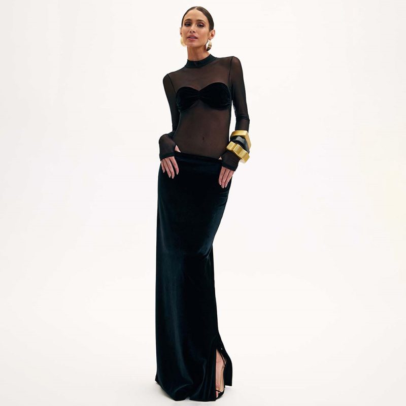 Women’s Black Mesh Velvet Long Sleeve Bodycon Dress