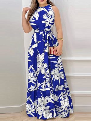 Summer Retro Printed Round Neck Halter Maxi Dress