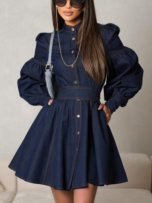 Lantern Sleeve Lace-Up Denim Shirt Dress