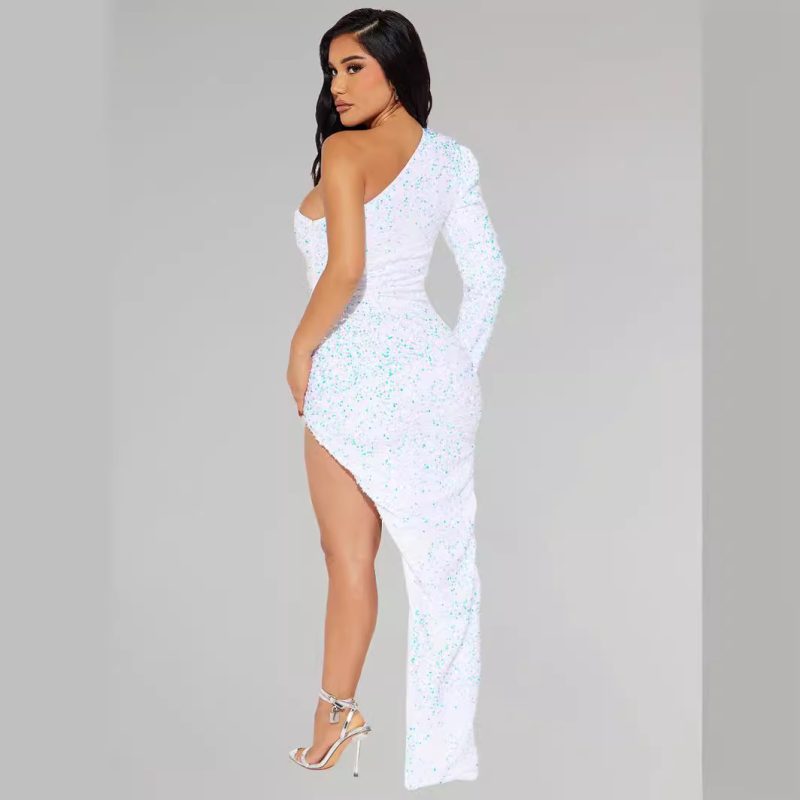 Women’s Sequined One Shoulder Long Sleeve Dress - Image 2