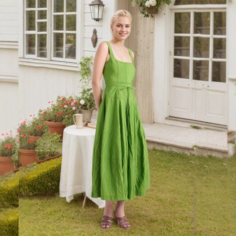Women’s Summer Green Square Collar Suspender Dress