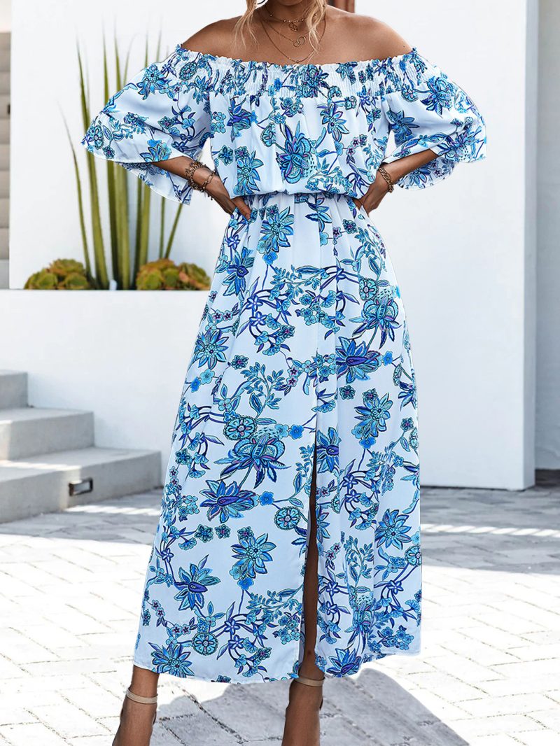Spring Summer Off-Shoulder Smocked Floral Split Dress - Image 2