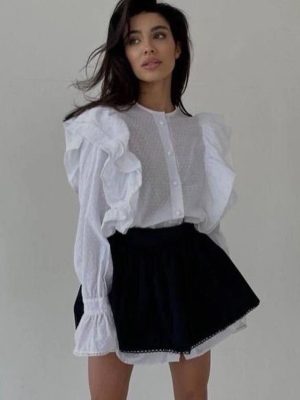 French Ruffled Cinched Flared Sleeve Short Dress