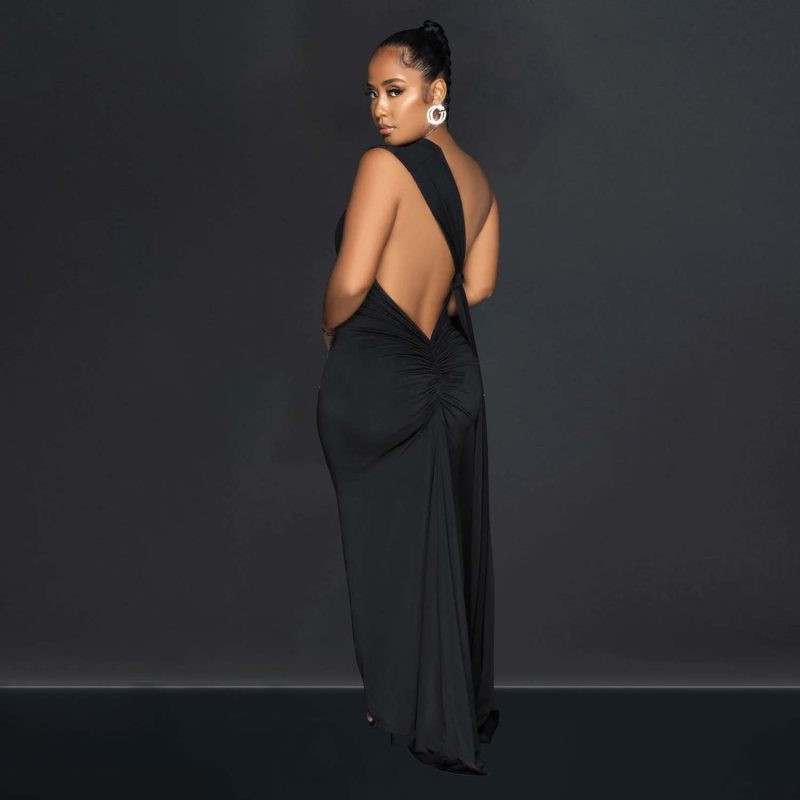 Women’s Solid Color Backless Asymmetric Maxi Dress - Image 2