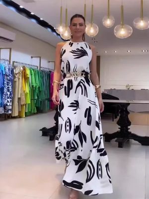 Spring Sleeveless Round Neck Belted Slim Fit Dress