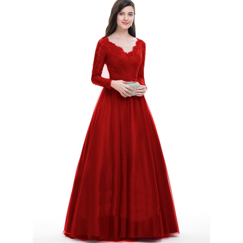 Mesh Lace Long Sleeve Bridal Evening Maxi Dress - Image 2