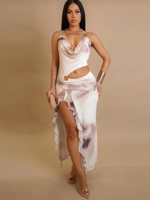 Spring Summer Women’s Off-Shoulder Asymmetric Printed Dress