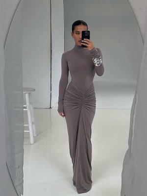 Autumn Winter Slim Fit Beam Waist Pleated Maxi Dress