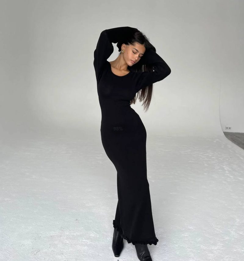 Backless High Waist Lace Up Woolen Dress - Image 3