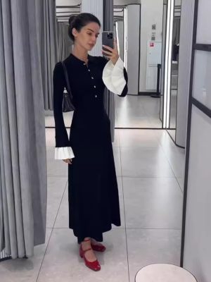 Angora Patchwork Slim-Fit Long Sleeve Knitted Maxi Dress