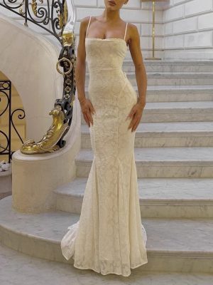 Flattering Waist Lace Jacquard Fishtail Maxi Dress