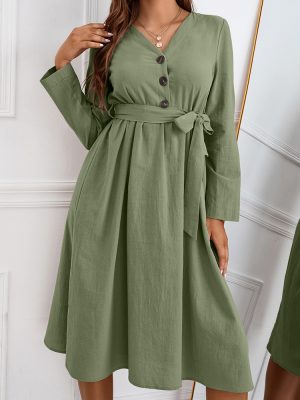 Spring Autumn Bow Waist Slim V-Neck Long Sleeve Dress